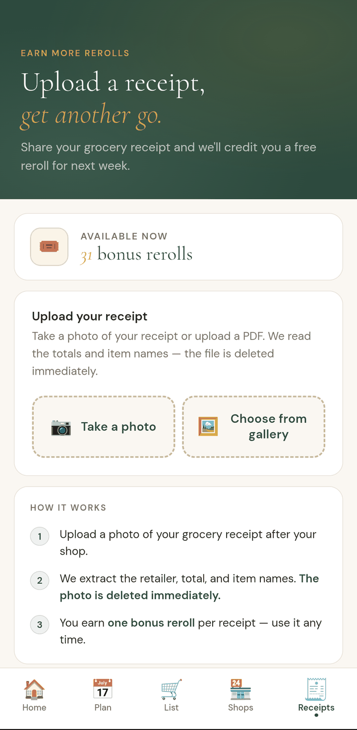 The receipt upload screen offering a bonus re-roll for sharing a grocery receipt